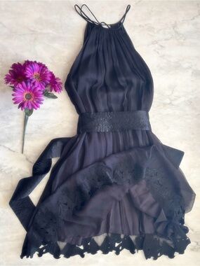 Catherine Malandrino Black Silk Halter Mini Dress with Silk Appliqué Trim & Sash